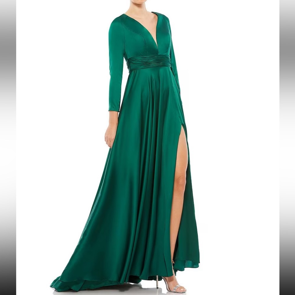 Ieena for Mac Duggal Deep V-Neck 3/4 Sleeve Satin A-Line Thigh High Slit Gown